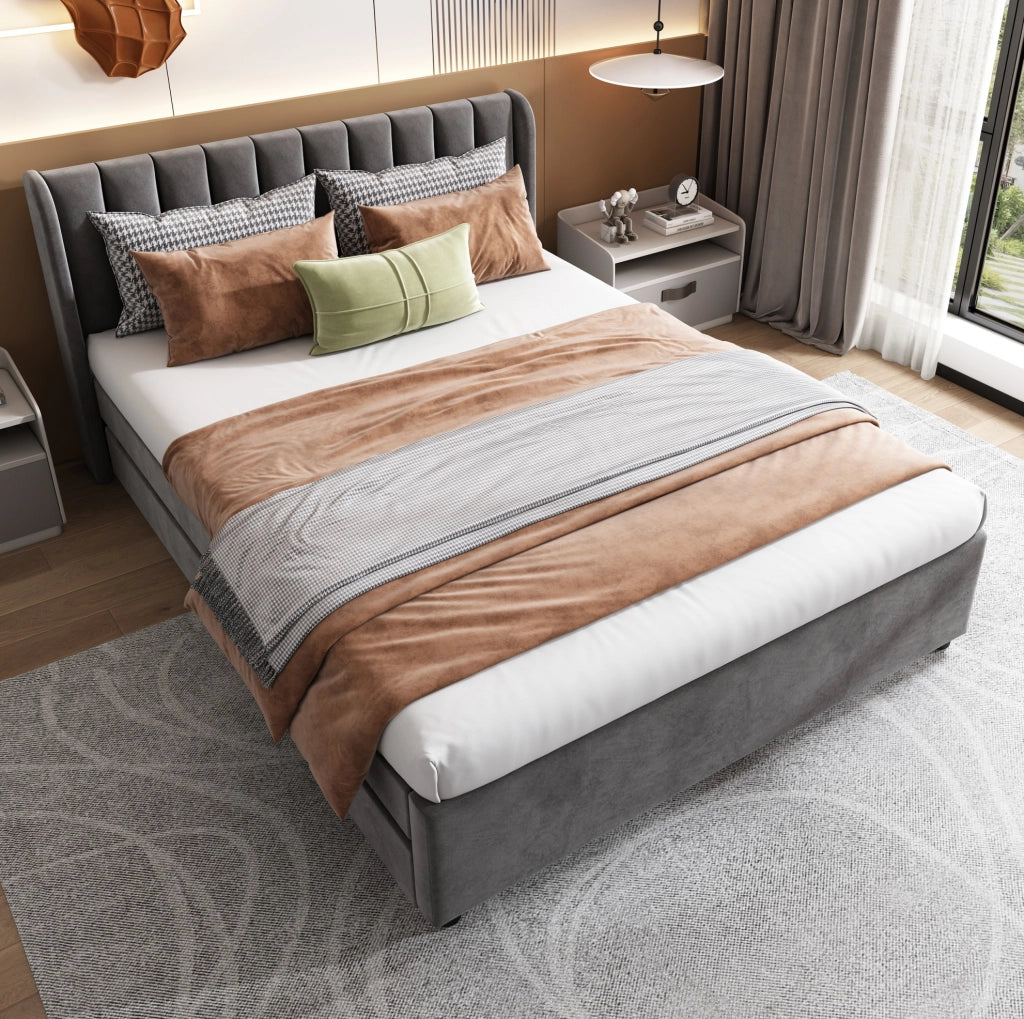 Letto in velluto 140x200 cm con rete a doghe; 2 cassetti; grigio
