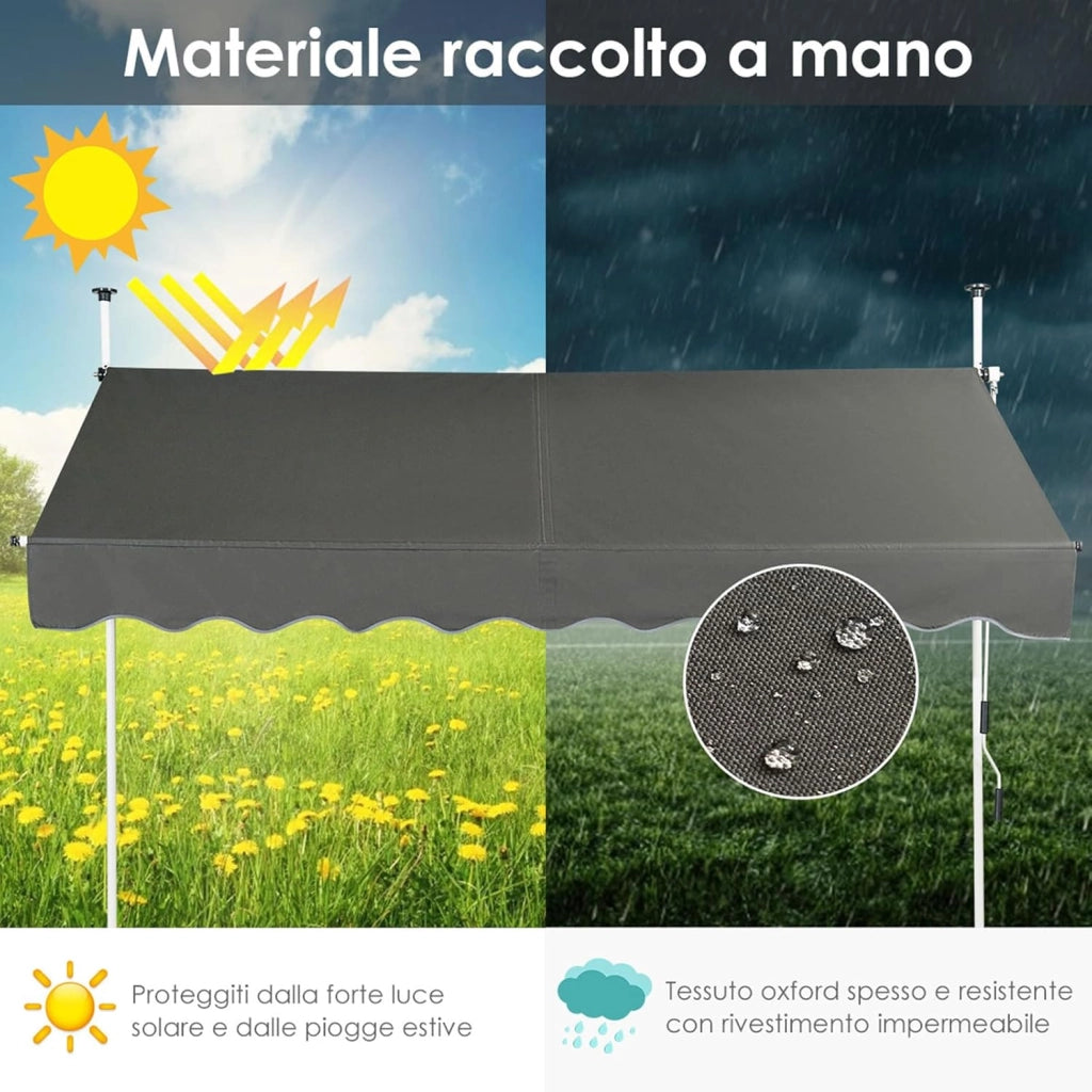 Tenda da Sole per Balcone, Tenda da Sole a Morsetto per Esterno, Regolabile in Altezza, Telaio Telescopico Senza Forare, Telo Resistente ai Raggi Solari (200 cm, Grigio)