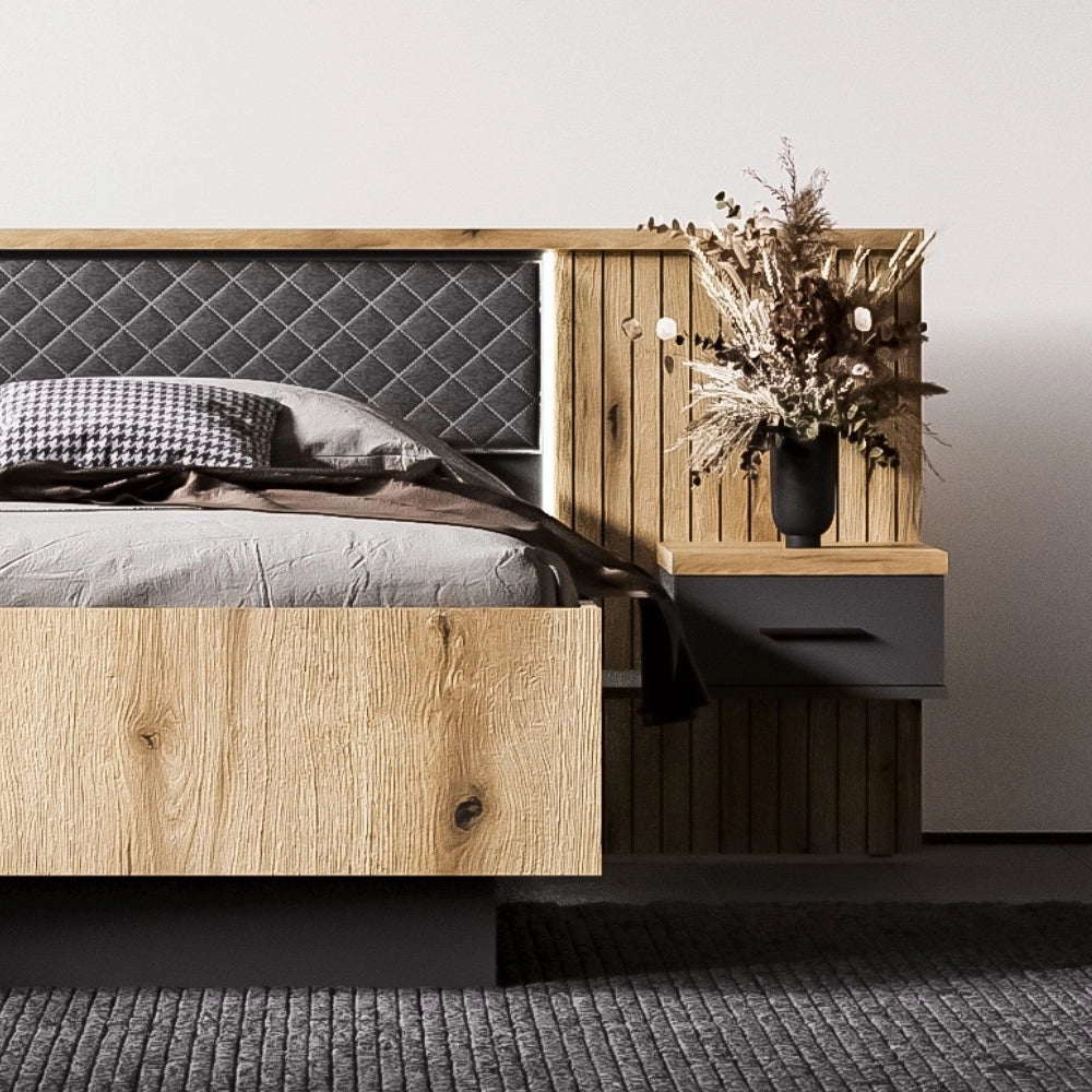 Struttura letto matrimoniale Esteban296 con boiserie dogata, LED e comodini integrati rovere e antracite per rete 180x200 cm