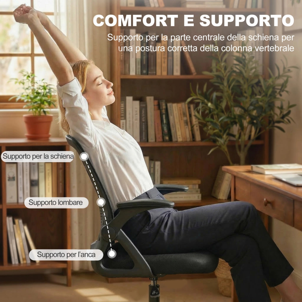 Sedia da Ufficio Ergonomica con Supporto Lombare e Poggiapiedi ¨C Xylo ¨C Poliestere e Acciaio Nero 58x63x105-126cm