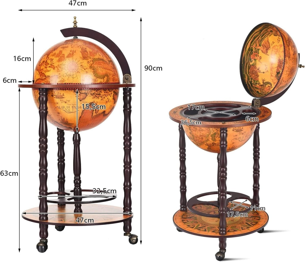 Mappamondo Bar con Ruote Mobile Porta Liquori, con Stile Retrò (Marrone 47 x 47 x 90 cm)
