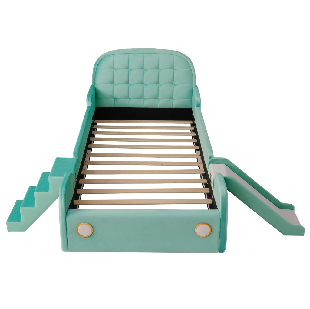 Letto per bambini a forma di auto con scivolo e scala, montaggio sinistro/destro, imbottito blu-verde, 90x200 cm