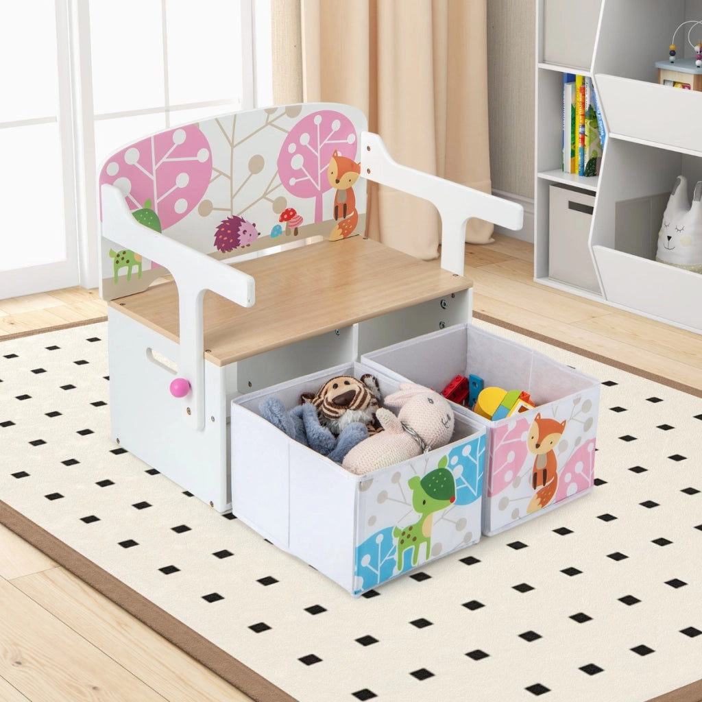 Panchina attivit¨¤ convertibile per bambini, Set tavolo e sedie per bambini con 2 cassetti in tessuto rimovibili Bianco