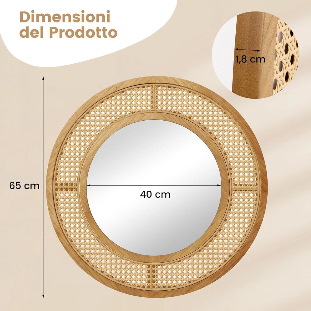 Specchio da Parete Rotondo 40 cm, Specchio con Cornice in Rattan con Vetro in Alluminio, Gancio Metallico, Specchio Decorativo per Soggiorno Camera da Letto Ingresso (Rotondo 40 cm)