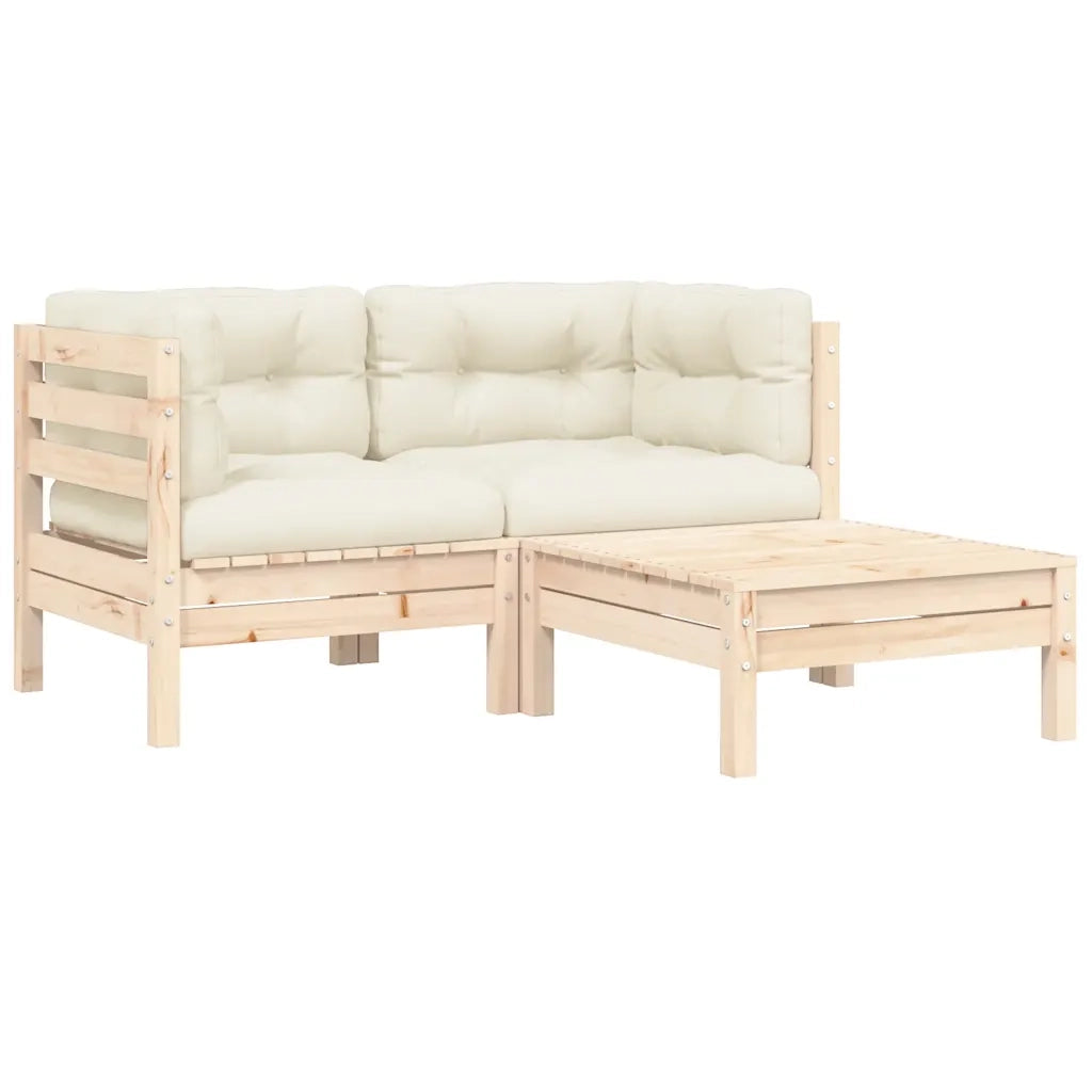 Set Divani da Giardino 3 pz | Set Salotto da Giardino con Cuscini Crema Massello di Pino