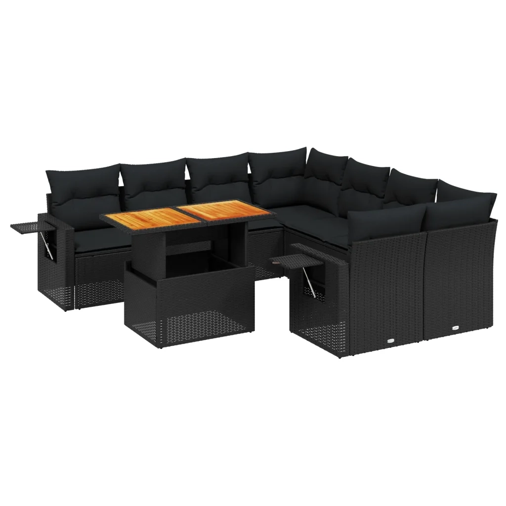 Set Divani da Giardino 9 pz con Cuscini Nero in Polyrattan