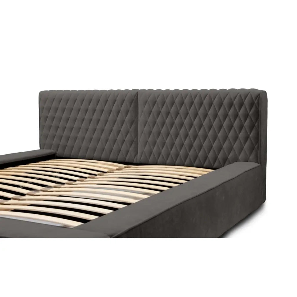 Lit coffre VERNON – Tessuto ciniglia bouclé Antracite profondo – 180x200 cm – Rete sollevabile – Design di alta gamma