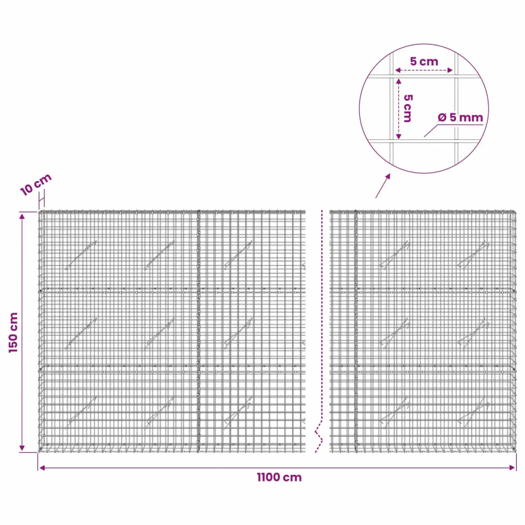 Gabione con filo da 5 mm e rete da 5x5 cm 1100x10x150 cm 3464008