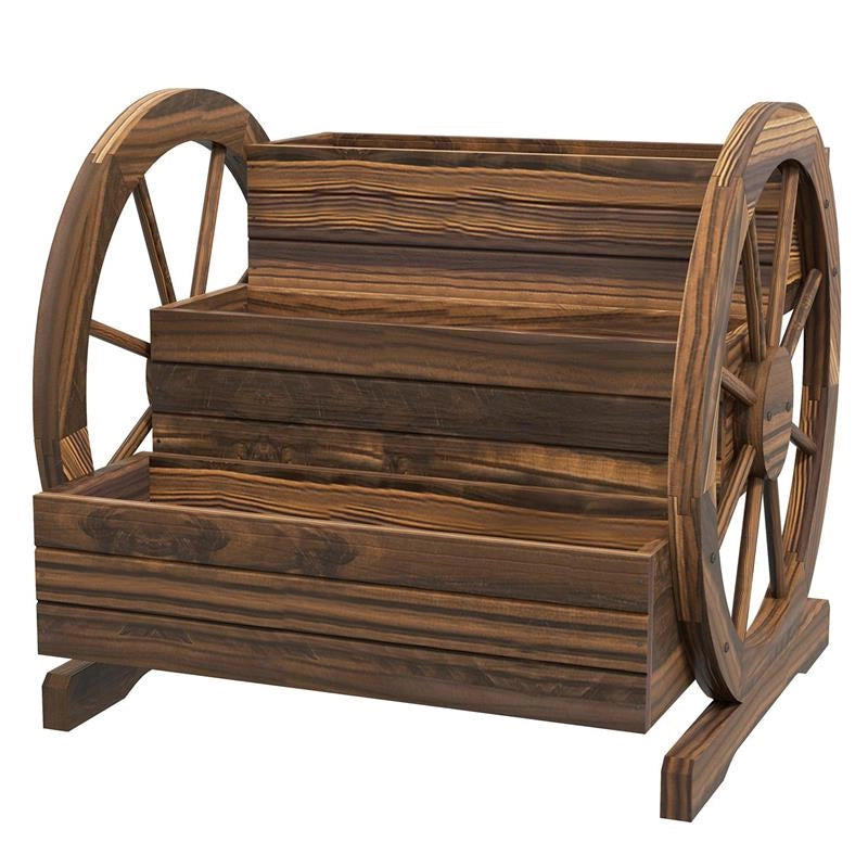 FIORIERA DA ESTERNO A 3 LIVELLI CON RUOTE DECORATIVE IN LEGNO DI ABETE CARBONIZZATO, 62X61X57 CM