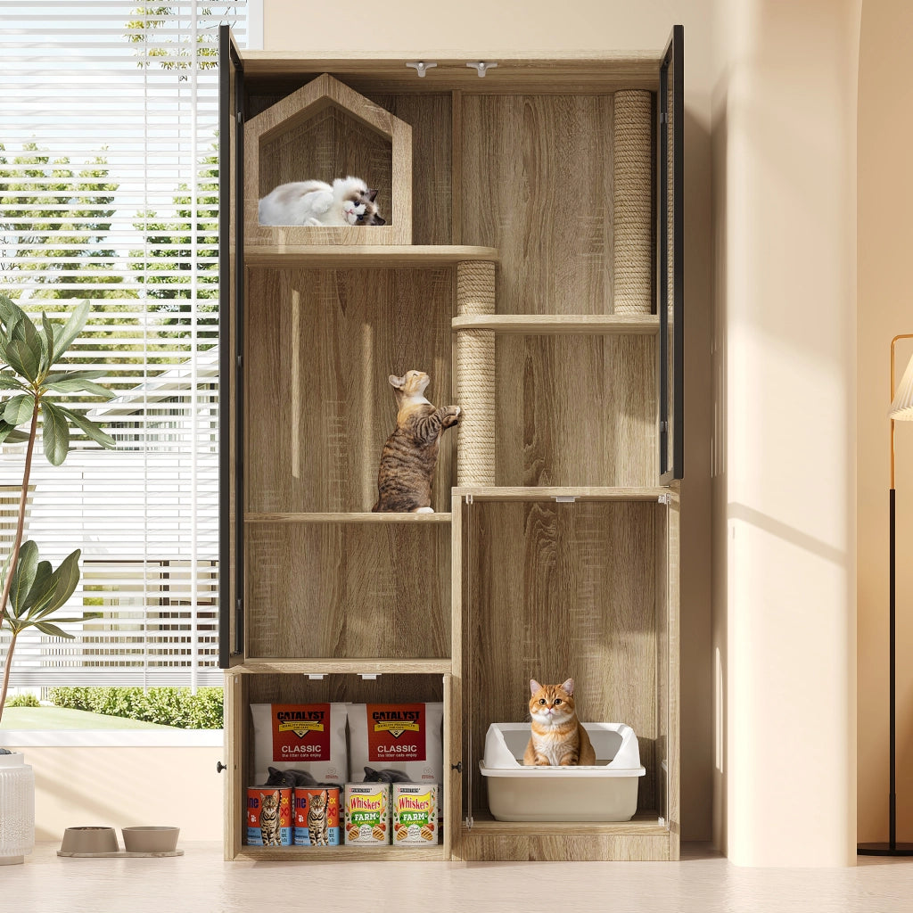 Tiragraffi per gatti a più livelli con casa integrata e ripiani aperti con tiragraffi in juta in MDF e vetro naturale