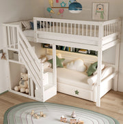 Letto 90x200 cm bianco in legno con scala contenitore e sponde alte