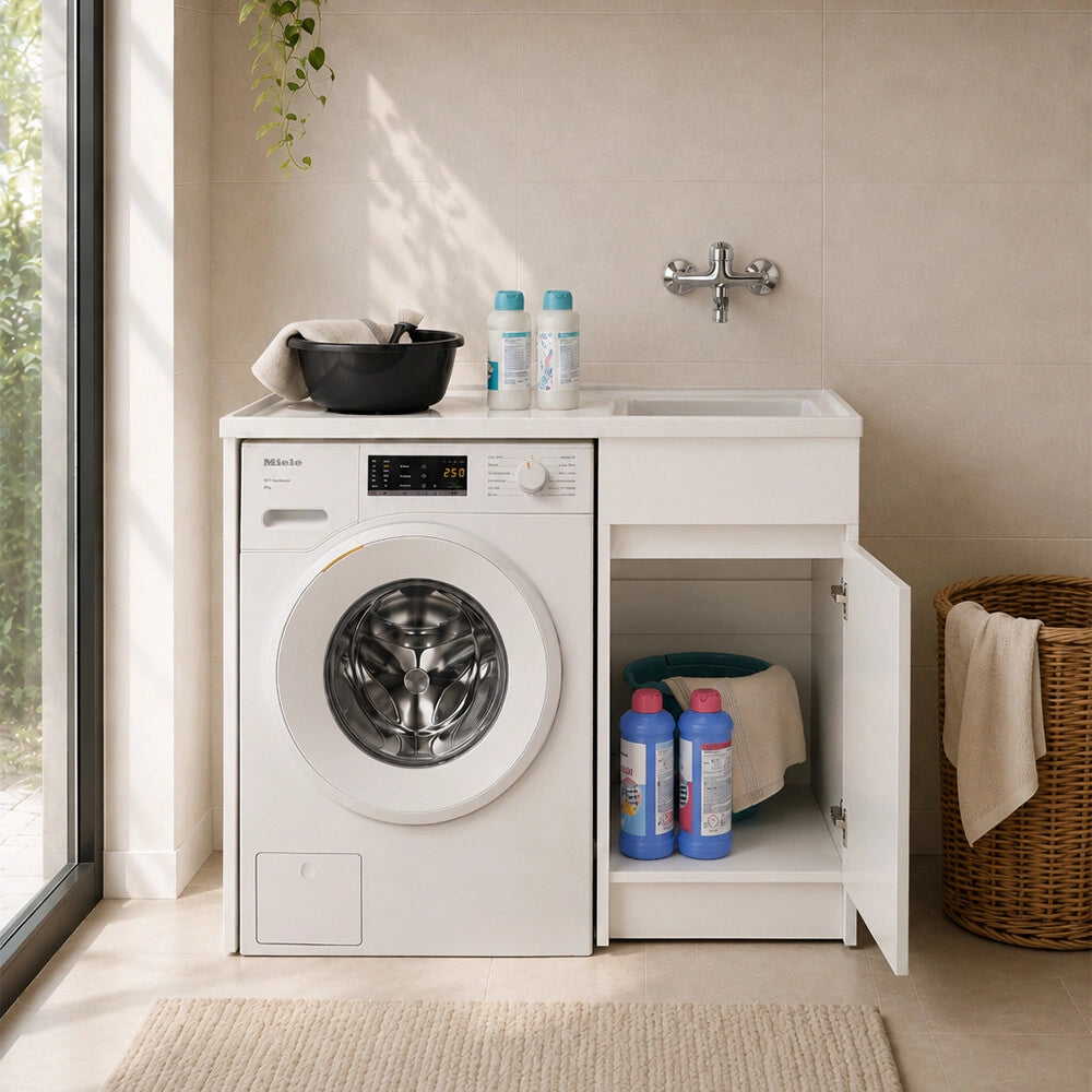 Mobile lavatoio 106x50 bianco con coprilavatrice e vasca e kit di scarico
