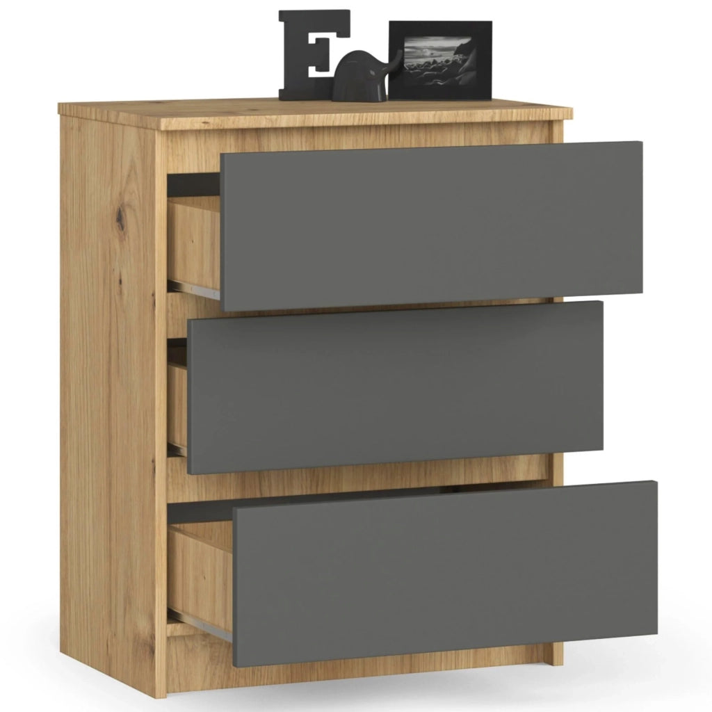 Cassettiera AKORD K60 Cassettiera Quercia Artisan 60 cm 3 cassetti inserto frontale Grigio Grafite 60x40x77 cm