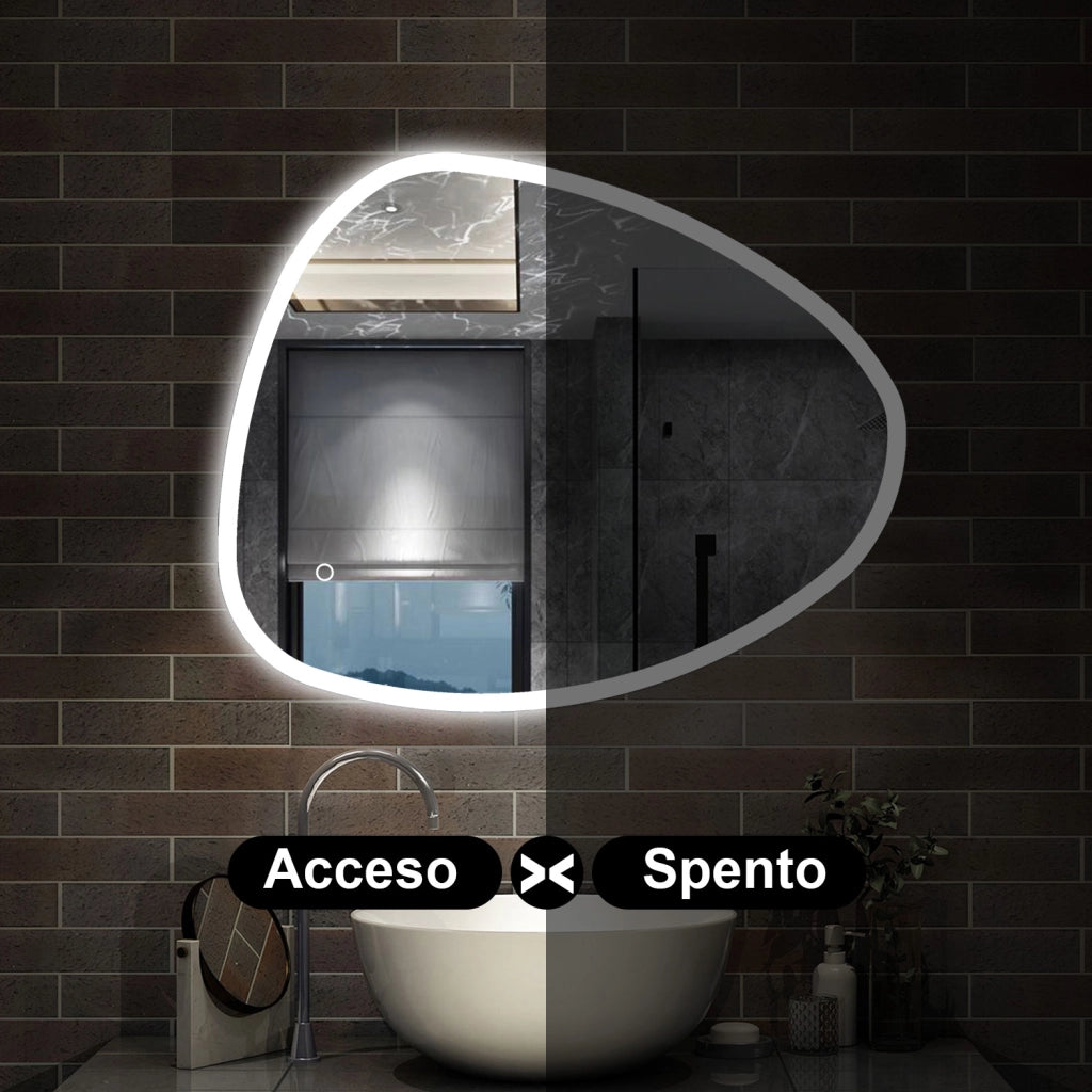 specchio forma irregolare 80x65 cm retroilluminato con luce a 3 colori, touch e pellicola antideflagrante