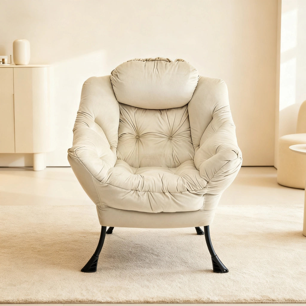 Poltrona relax con sgabello e tasca laterale con poggiapiedi pieghevole in tessuto e metallo beige
