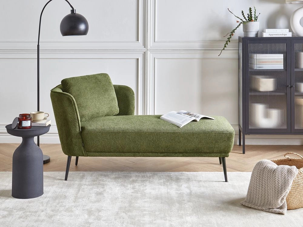 Chaise longue con cuscino verde scuro in tessuto bouclé lato sinistro stile retrò