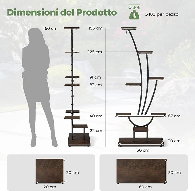 Scaffale per Piante da Interno ed Esterno, Porta Piante Angolare in Metallo a 8 Ripiani con Luci di Crescita, Porta Vasi per Balcone, Soggiorno e Giardino, 67 x 30 x 156 cm