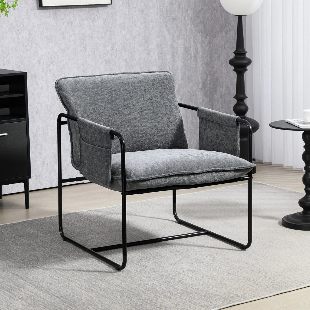 Poltrona Relax Moderna ¨C Xylo ¨C Tessuto Chenilla Grigio con Braccioli e Tasche 68x76x81 cm