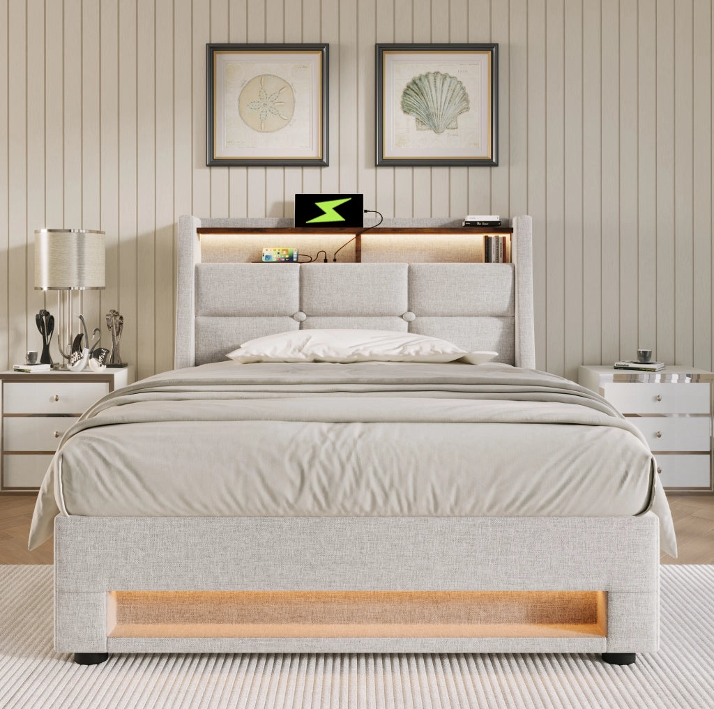 Letto matrimoniale imbottito 90x200 cm con USB e LED; effetto lino beige chiaro