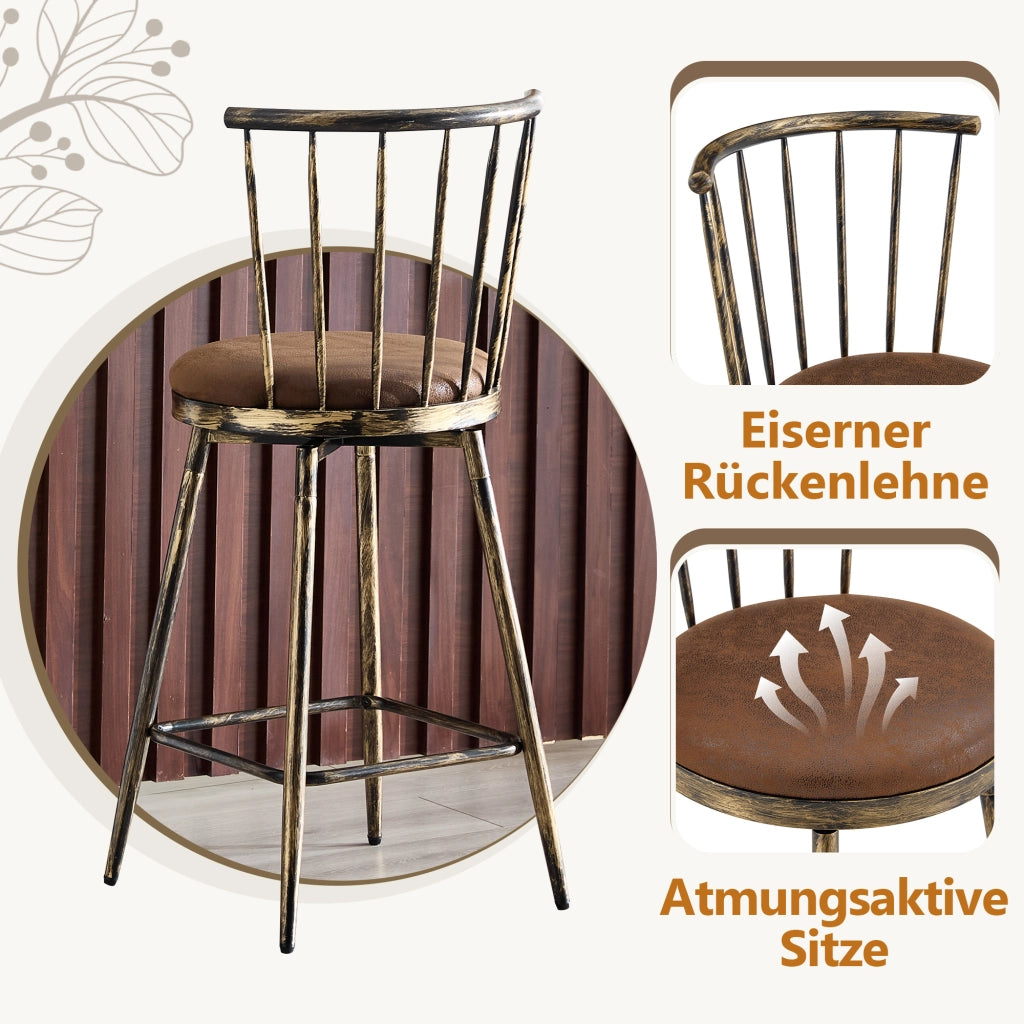Sgabello da bar con schienale in stile Windsor e struttura in metallo con seduta imbottita marrone 73 × 45,5 × 45 cm