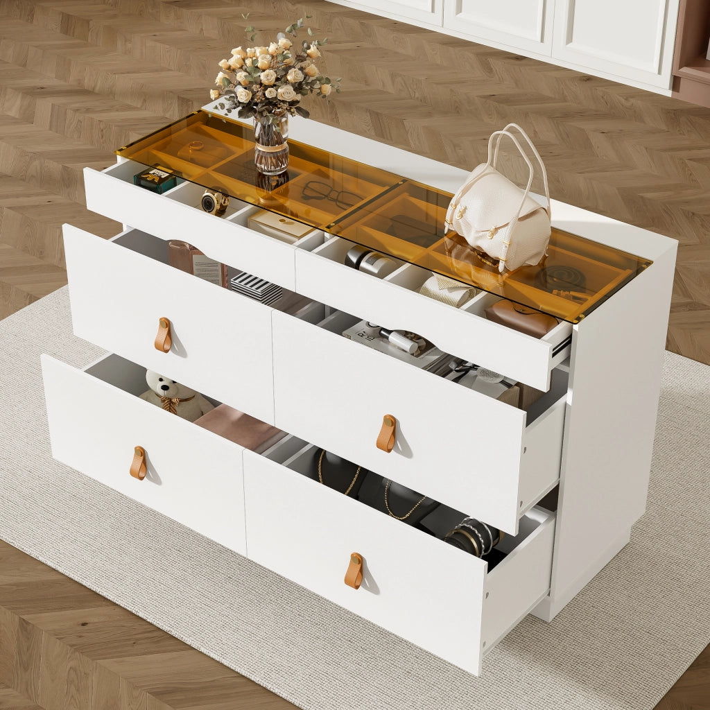 Cassettiera con 6 Cassetti e Ante in Vetro ¨C MINIMAL ¨C Bianco, 120x40x78 cm