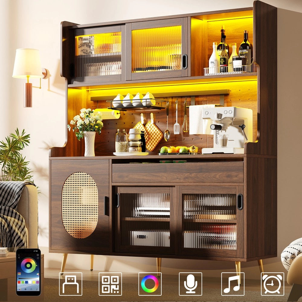 Credenza con LED ¨C Xylo ¨C Legno Marrone/Nero, 5 Ante Vetro, 145x39x171