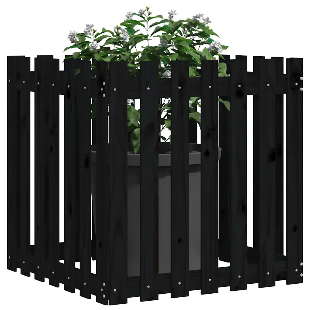 Fioriera Giardino a Recinzione-Vaso con Ringhiera-Contenitore per Piante Nera 70x70x70 cm Massello Pino