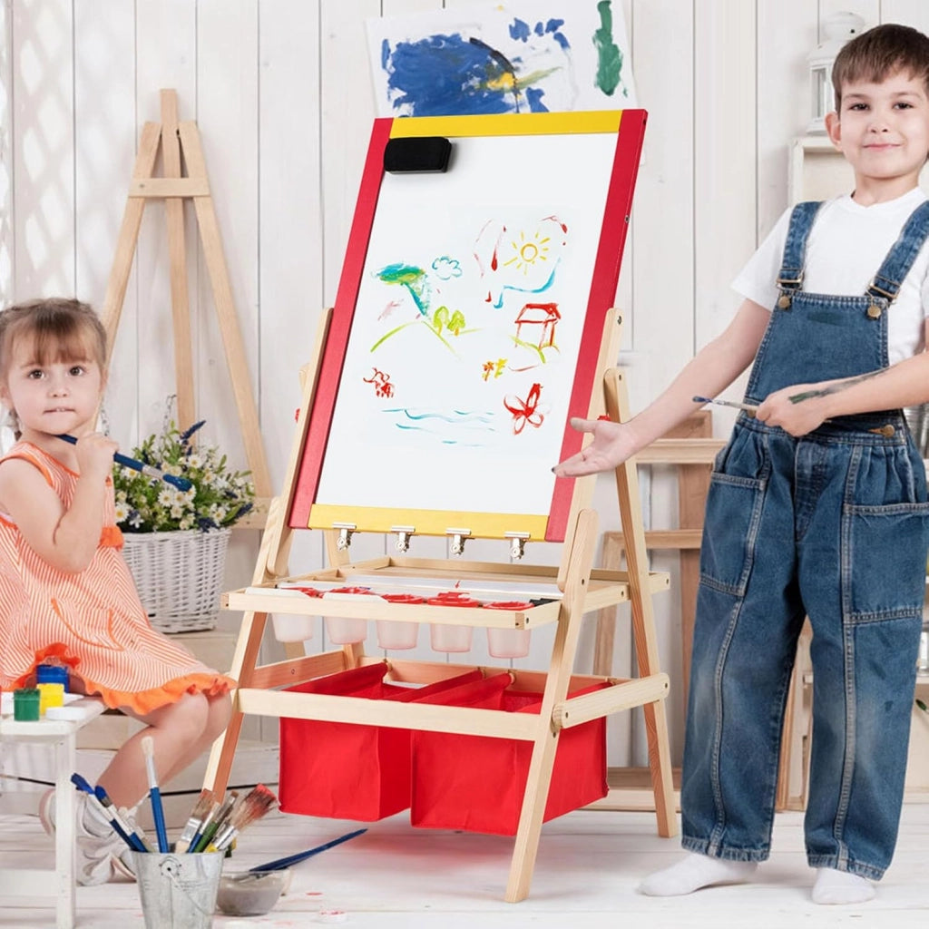 Cavalletto per Bambini 3 in 1, Lavagna Bifacciale, Cavalletto per Disegnare, con Rotolo di Carta, Magnetica, Accessori Completi, in Legno (52,5x51,5x106,5cm)