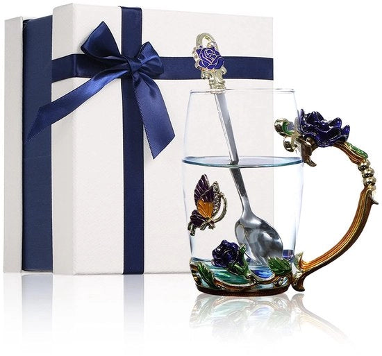 Tazza con Coperchio - Bicchiere in Vetro - Set di Tazze da Tè - Scatola di Regalo Elegante - Adatto per Casa/Ufficio - Tazza Elegante per Caffè/Bevande Gasate