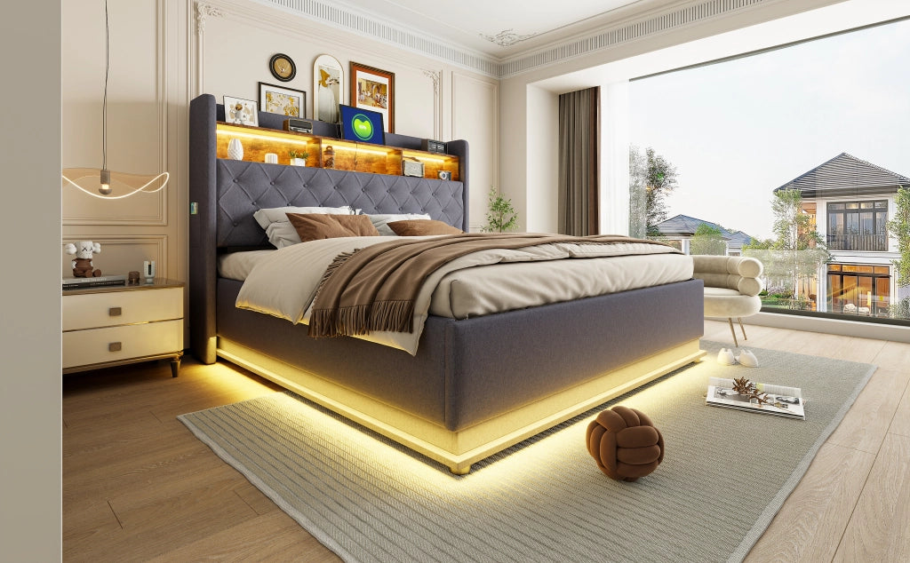 DESMIU Letto contenitore 180 × 200 cm 2 posti con LED, USB e contenitore idraulico, senza materasso, grigio