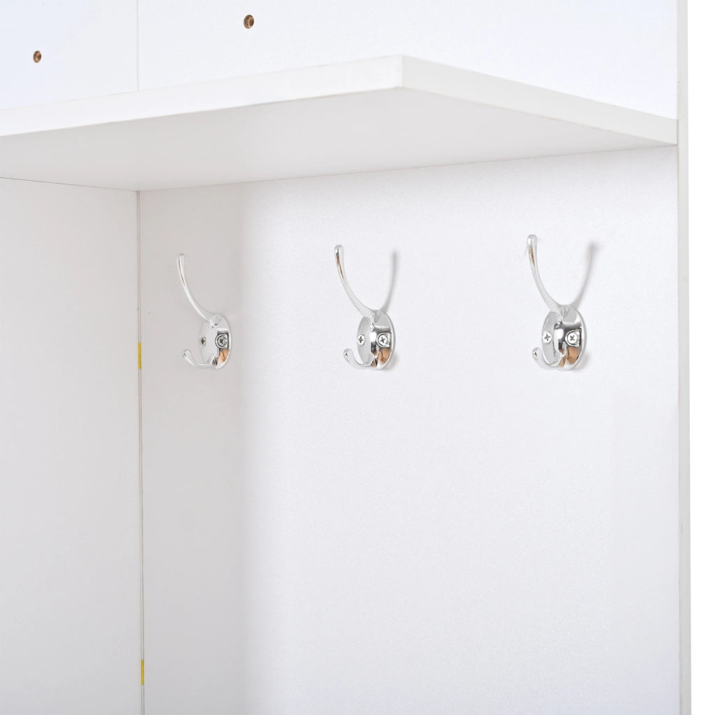 Mobile da ingresso con specchio, 2 cassetti, scarpiera ribaltabile, 3 ganci e ripiani in MDF bianco 90 × 30 × 180 cm