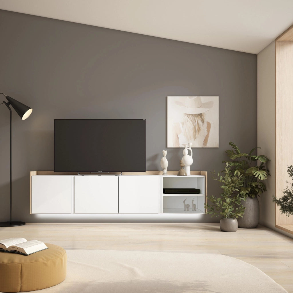 Mobile TV Soggiorno, 207x50x35 cm, Per TV fino a 80", Sospeso, da appendere, LED, Bianco e Rovere soft