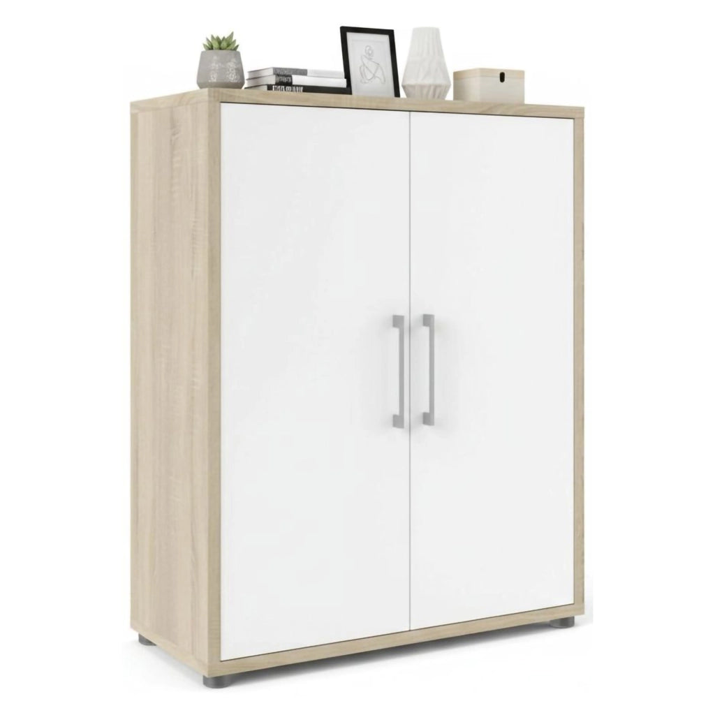 Credenza Warszawa, Buffet da soggiorno, Madia da salotto, Dispensa da cucina, 89x40 h113 cm, Quercia e Bianco