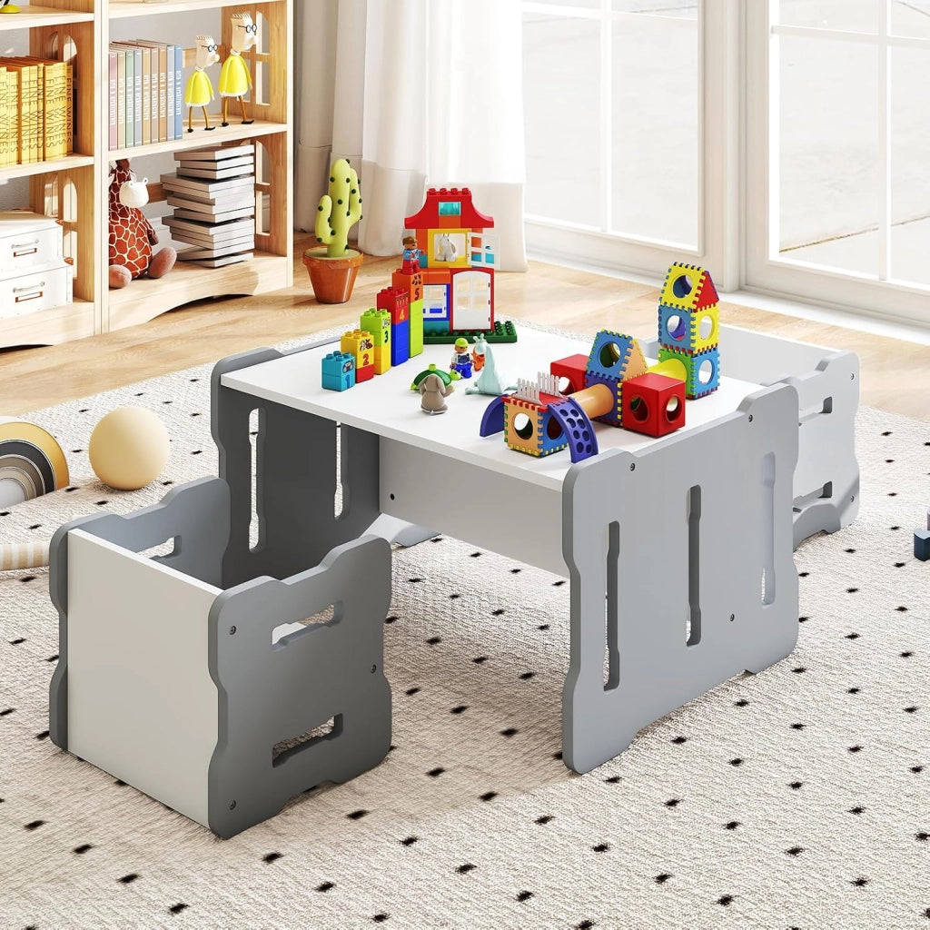 Set Tavolo e Sedia per Bambini, Set 3 Pezzi per Bambini con 2 Sgabelli e Tavolo Attività, Angoli Arrotondati e Maniglia, Mobili Multifunzionali per Casa, Scuola e Asilo (Grigio)