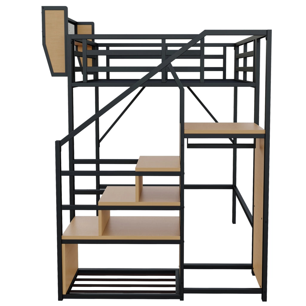 Letto a soppalco ULEVR 140x200 cm in metallo e MDF, con scala di sicurezza e ripiano regolabile, nero