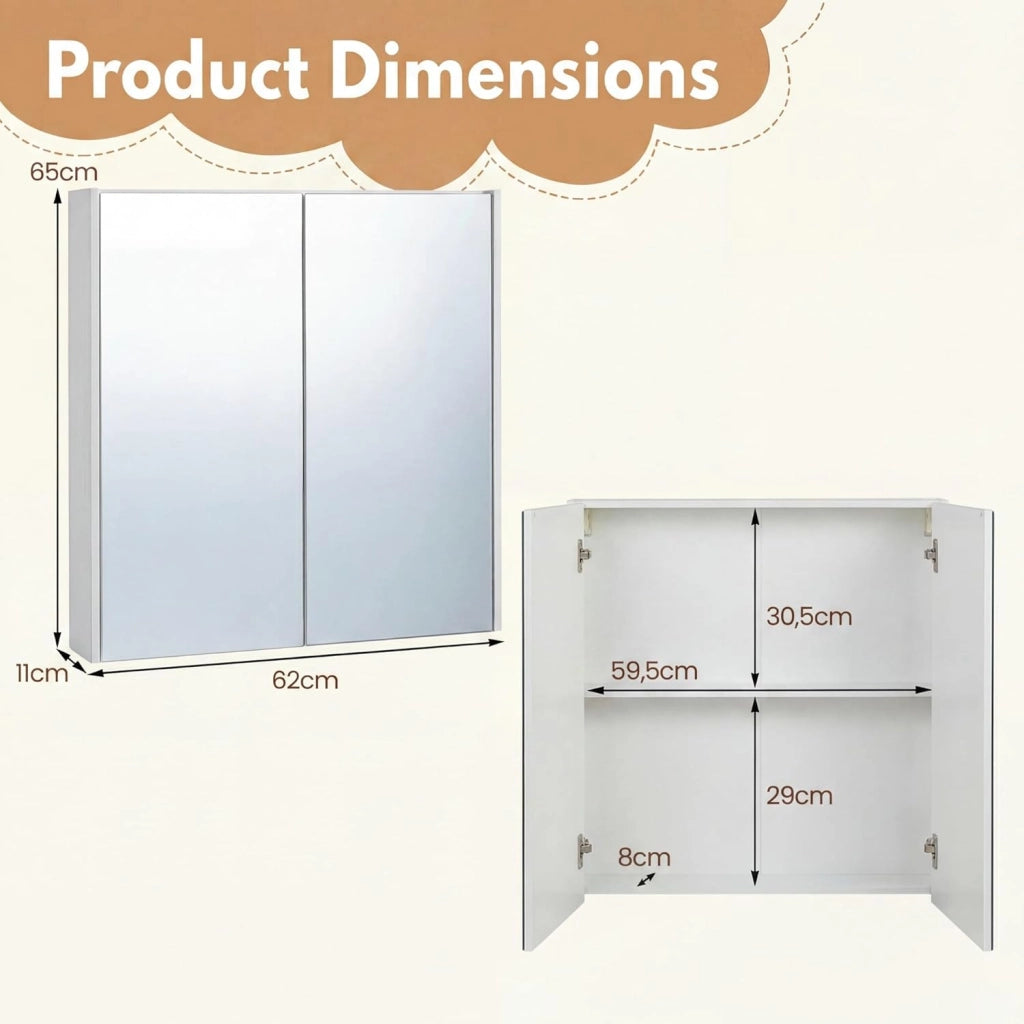 Armadietto da Bagno con Specchio, Mobiletto da Parete in Legno a 2 Livelli, Mobile da Bagno Salvaspazio con Doppia Anta per Camera da Letto, Ingresso e Soggiorno, 62 x 11 x 65 cm (Bianco)