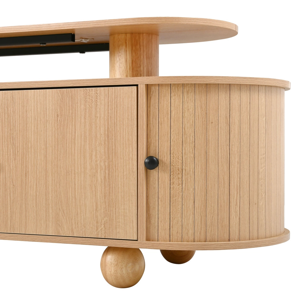 Mobile porta TV ovale a doppio livello con 4 ante e 2 porte scorrevoli, LED ambiente, per soggiorno, naturale 180 × 40 × 48 cm