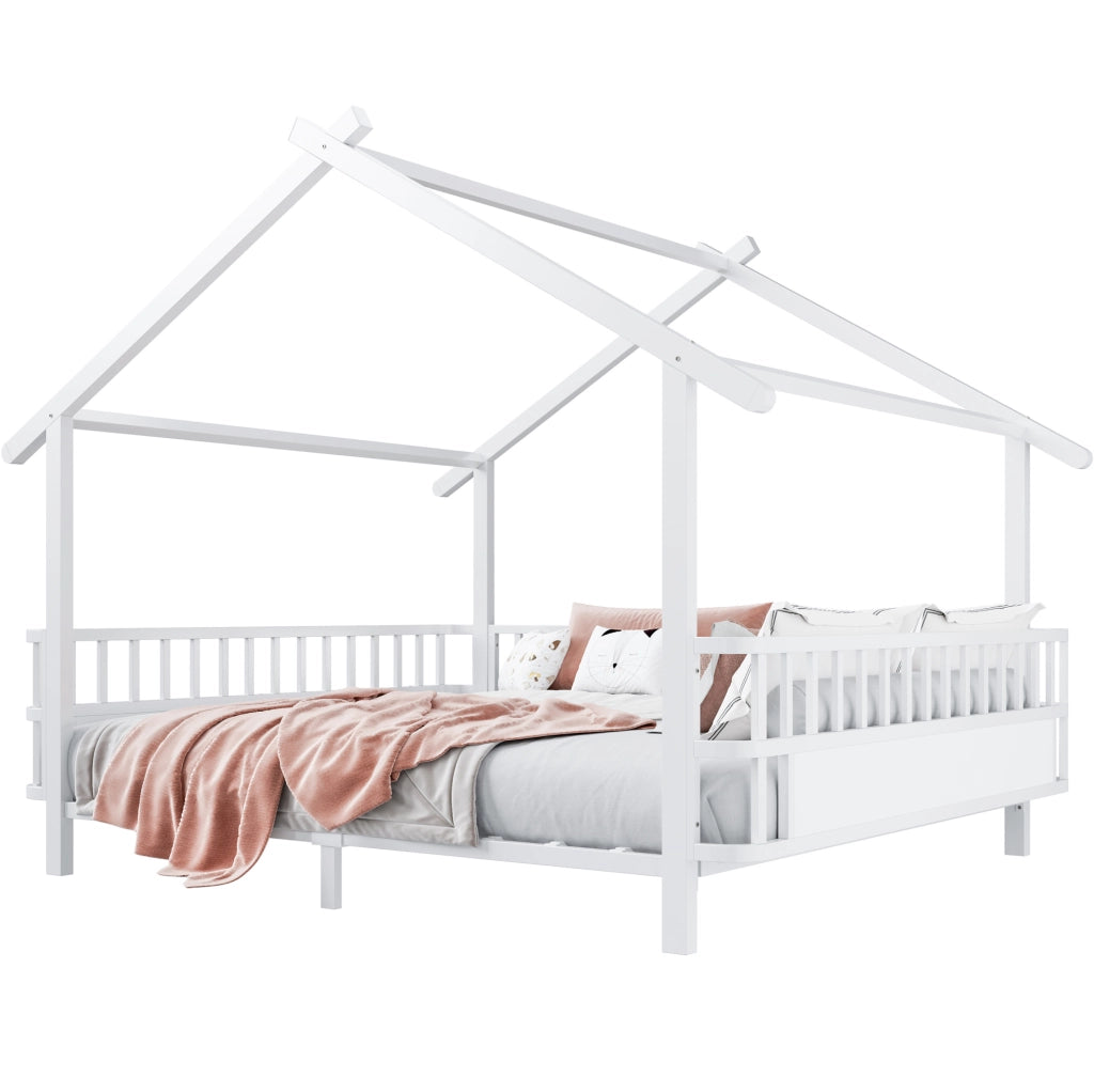 Letto a casetta 140x200 cm con sponde di sicurezza in metallo bianco