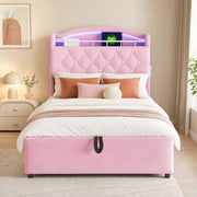 Letto imbottito per bambini 90x200 cm con contenitore; LED; USB e portaoggetti; rosa