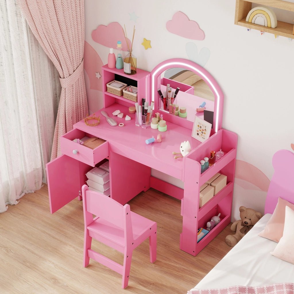 Set Toeletta Trucco per Bambini 2 in 1 con Specchio Luce LED 88,6x38,8x96,9 cm e Sedia in MDF Rosa