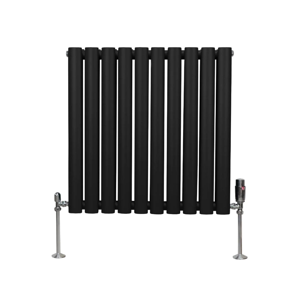 Radiatore a colonna ovale e valvole cromate TRV Designer nero 600 mm x 600 mm