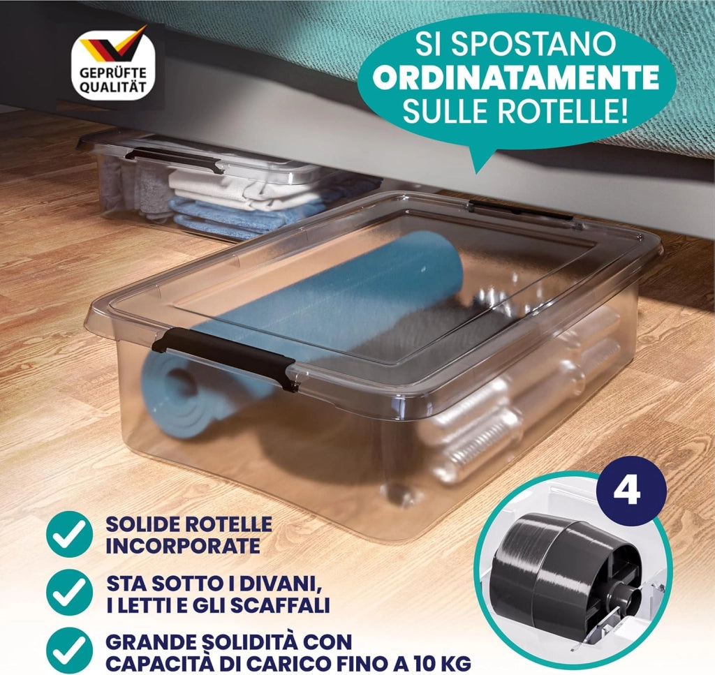 4X 30L Scatole in Plastica Trasparente Senza BPA Contenitori con Coperchio Impilabili Ruote Cassette Salvaspazio
