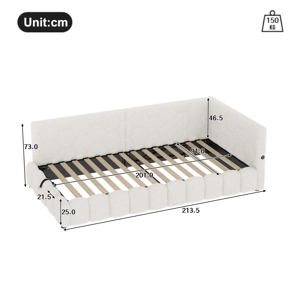 Letto da giorno 90x200 cm con contenitore idraulico, LED, USB e Type-C, bianco