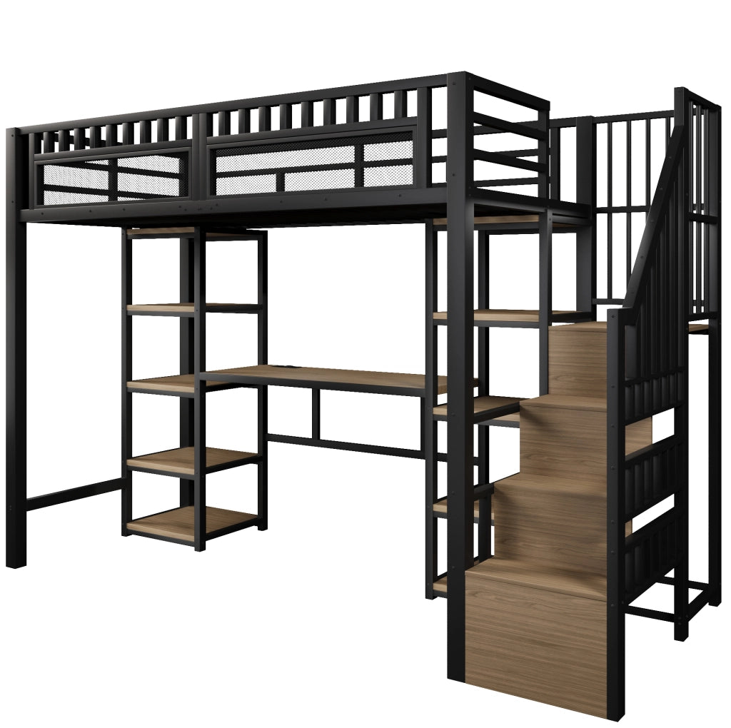 Letto a soppalco 90x200 cm in metallo e MDF; con scrivania; ripiani e LED; nero
