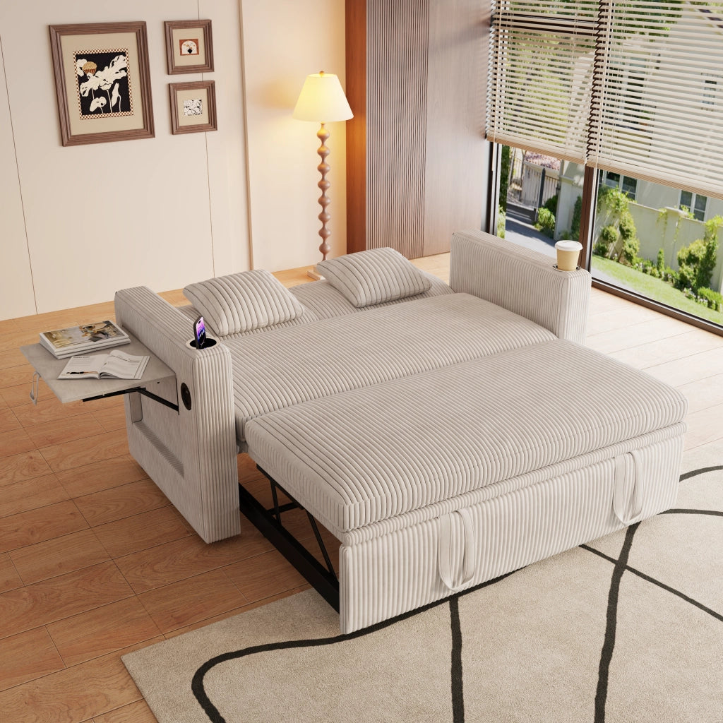 Divano letto 3 in 1 con schienale regolabile a 5 posizioni, portabicchieri, tasche laterali in velluto bianco