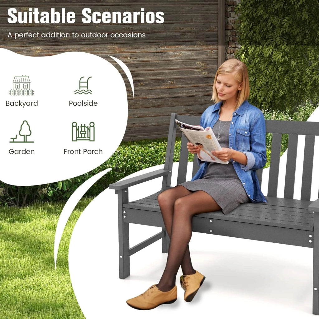 Panca da Giardino per 2 Persone in Plastica con Schienale Alto, Panca da Esterno Resistente alle Intemperie, Ideale per Parco, Patio e Terrazza, Grigio, 132 x 65 x 91 cm