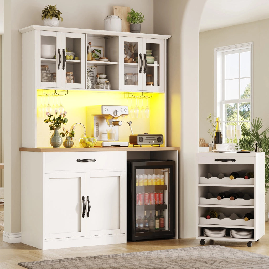 Credenza con LED dimmerabile e carrello estraibile, per cucina e sala da pranzo, in MDF, bianco, 140 × 38 × 180 cm