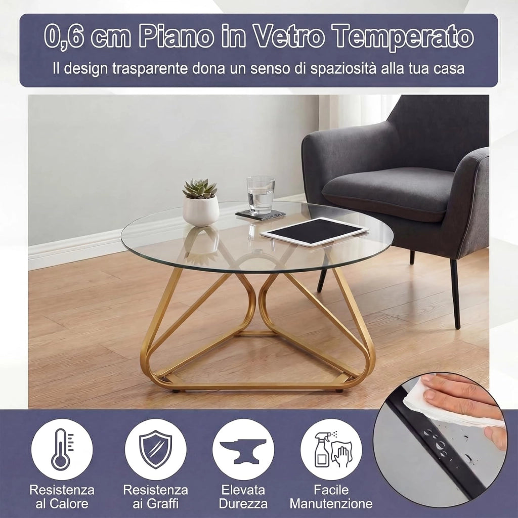 Tavolino Salotto Rotondo in Vetro Temperato Ø 80 cm, Tavolino da Caffè, Divano, Tavolo Soggiorno Basso Moderno, con Struttura Triangolare in Metallo, Montaggio Facile (Dorato)