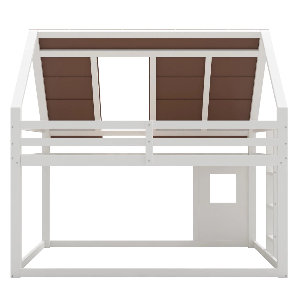 Letto a castello 140 × 200 cm con tetto e scala, sponde di sicurezza, senza materasso, in legno, marrone e bianco