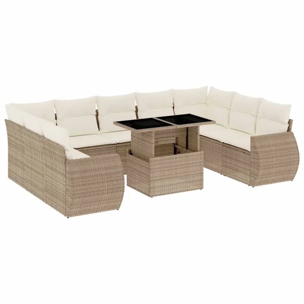 Set Divano da Giardino 10 pz con Cuscini Beige in Polyrattan